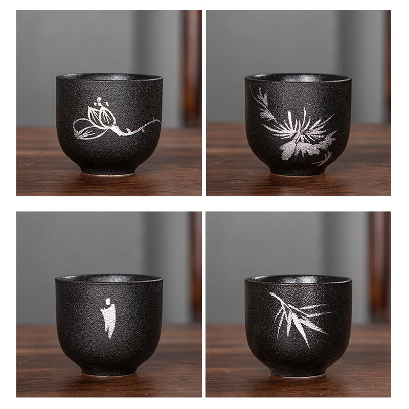 Buddha Stones Dipinto a mano Fiore di loto Bambù Crisantemo Ceramica nera Tazza da tè in ceramica Tazza da tè Kung Fu 95ml