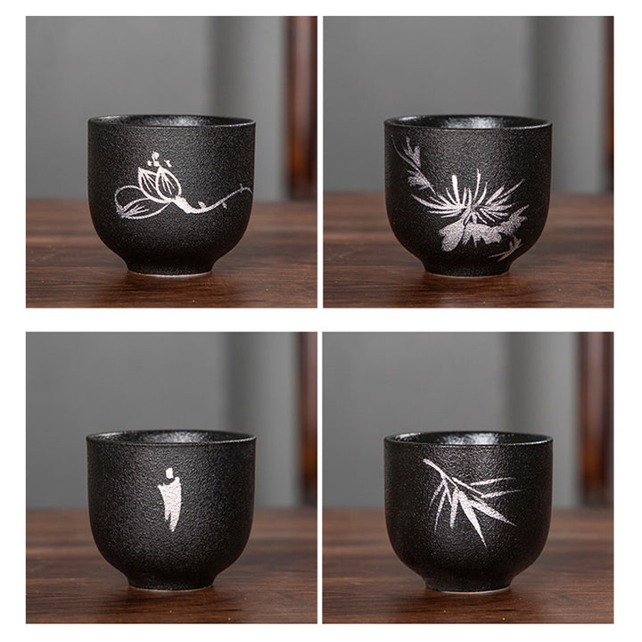 Buddha Stones Dipinto a mano Fiore di loto Bambù Crisantemo Ceramica nera Tazza da tè in ceramica Tazza da tè Kung Fu 95ml