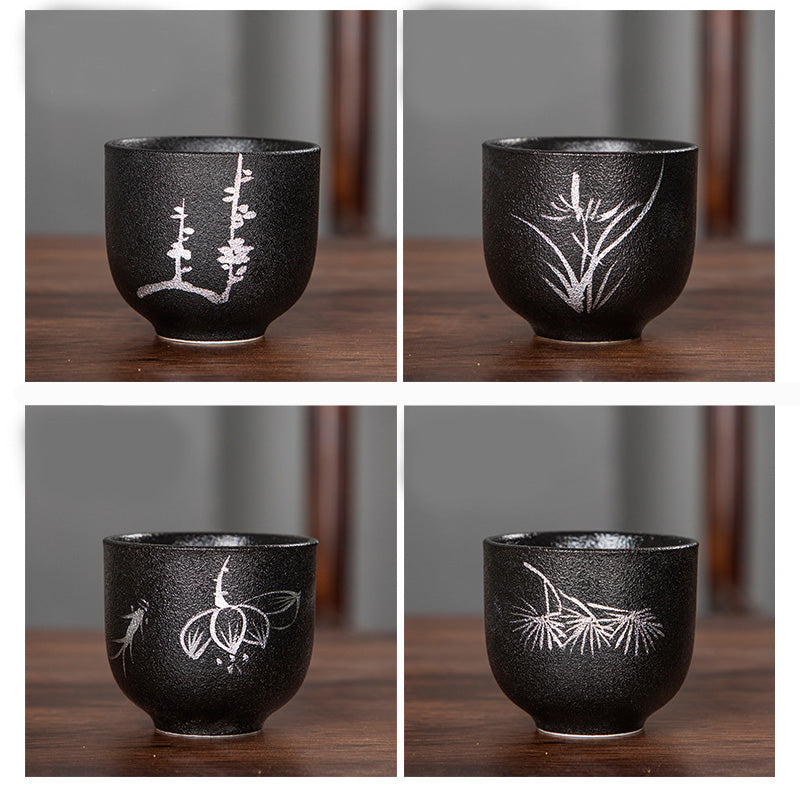 Buddha Stones Dipinto a mano Fiore di loto Bambù Crisantemo Ceramica nera Tazza da tè in ceramica Tazza da tè Kung Fu 95ml