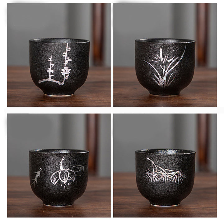 Buddha Stones Dipinto a mano Fiore di loto Bambù Crisantemo Ceramica nera Tazza da tè in ceramica Tazza da tè Kung Fu 95ml