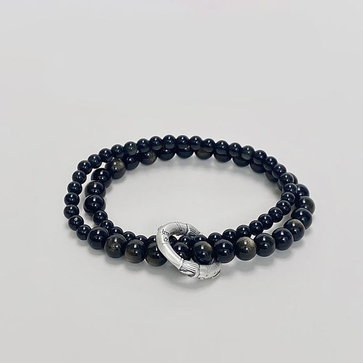Bracciale Buddha Stones 999 Sterling Silver Black Obsidian Fulfillment Strength Double Layer