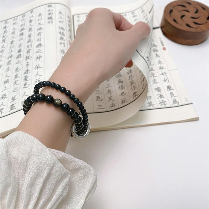 Bracciale Buddha Stones 999 Sterling Silver Black Obsidian Fulfillment Strength Double Layer