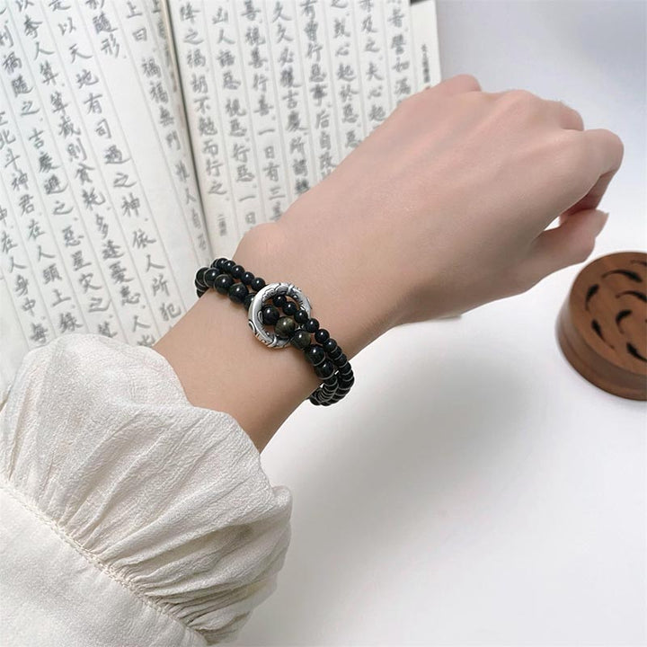 Bracciale Buddha Stones 999 Sterling Silver Black Obsidian Fulfillment Strength Double Layer