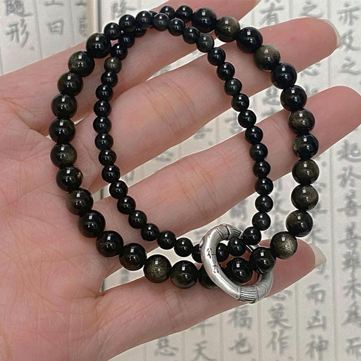 Bracciale Buddha Stones 999 Sterling Silver Black Obsidian Fulfillment Strength Double Layer