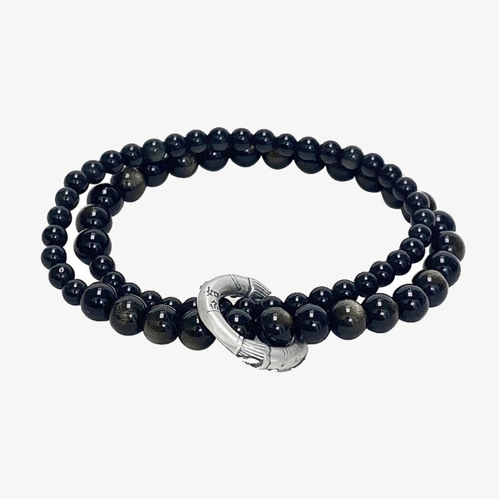 Bracciale Buddha Stones 999 Sterling Silver Black Obsidian Fulfillment Strength Double Layer