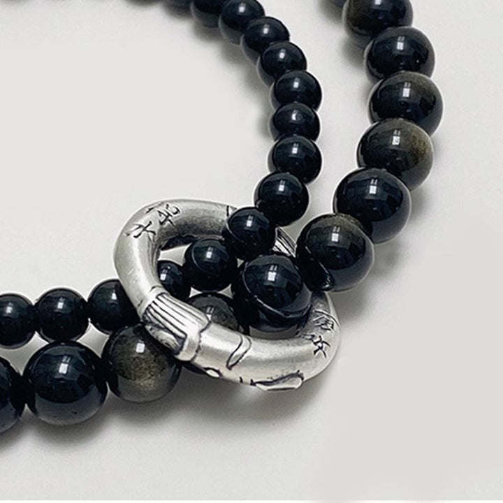Bracciale Buddha Stones 999 Sterling Silver Black Obsidian Fulfillment Strength Double Layer