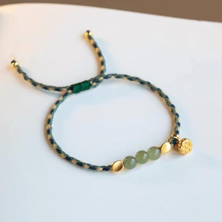 Bracciale intrecciato con ciondolo di loto in giada Hetian, fatto a mano , Buddha Stones