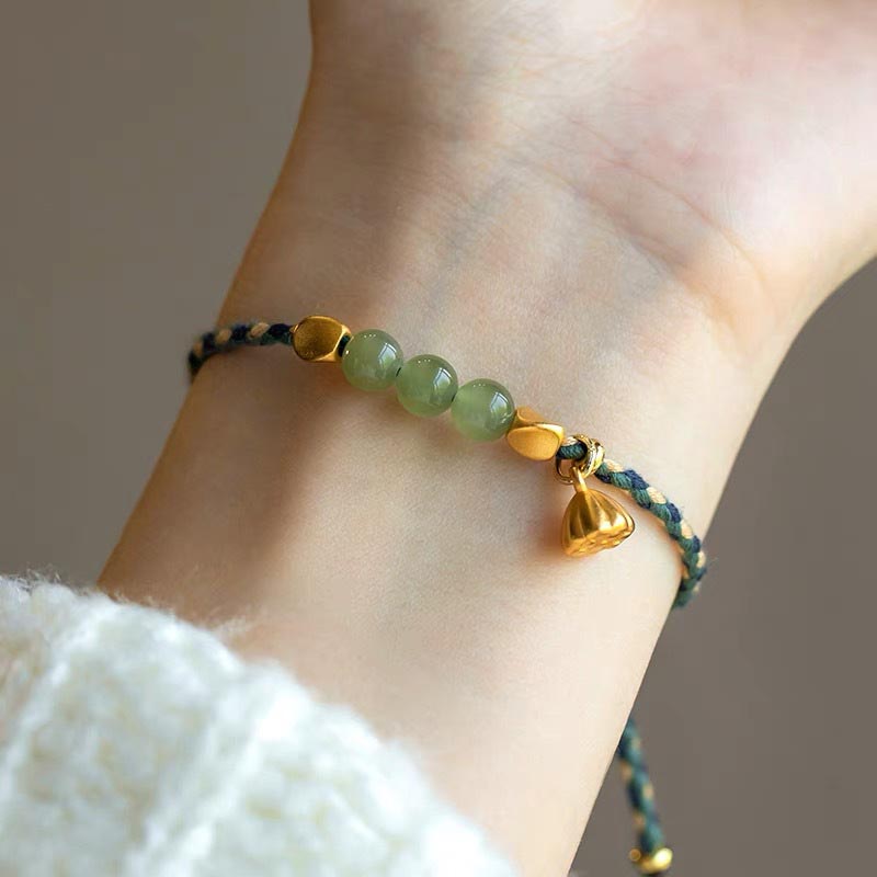 Bracciale intrecciato con ciondolo di loto in giada Hetian, fatto a mano , Buddha Stones