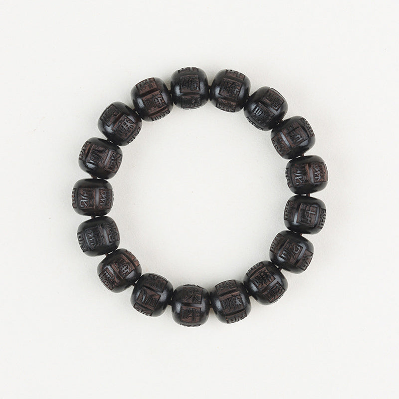 Braccialetto di equilibrio inciso in legno di Buddha Stones tibetano Om Mani Padme Hum