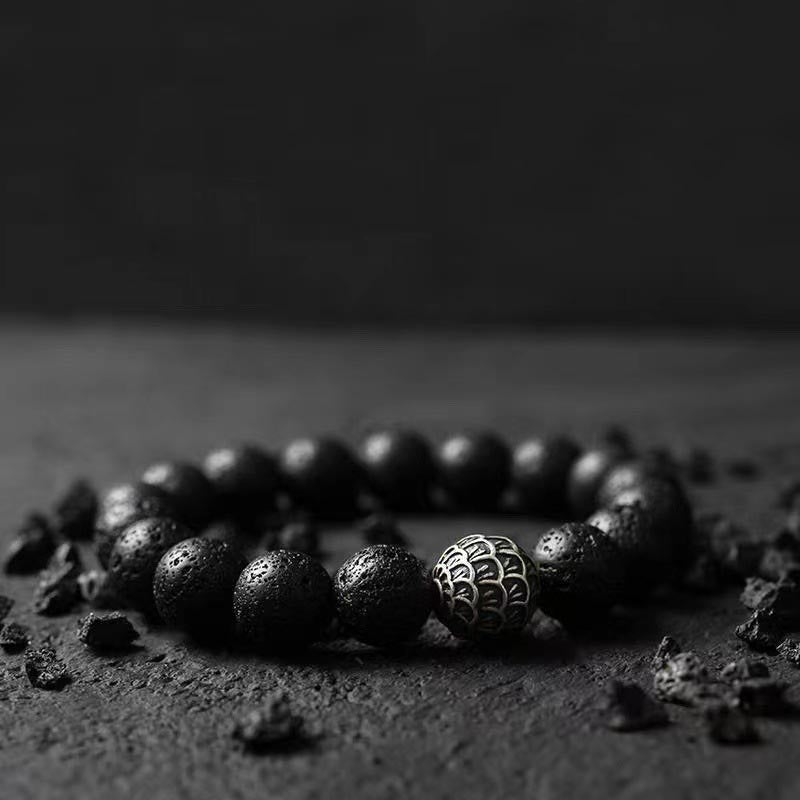 Braccialetto di guarigione con perline di squame di pesce , Buddha Stones e roccia lavica