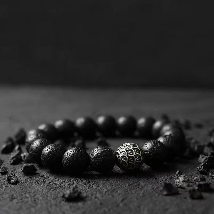 Braccialetto di guarigione con perline di squame di pesce , Buddha Stones e roccia lavica