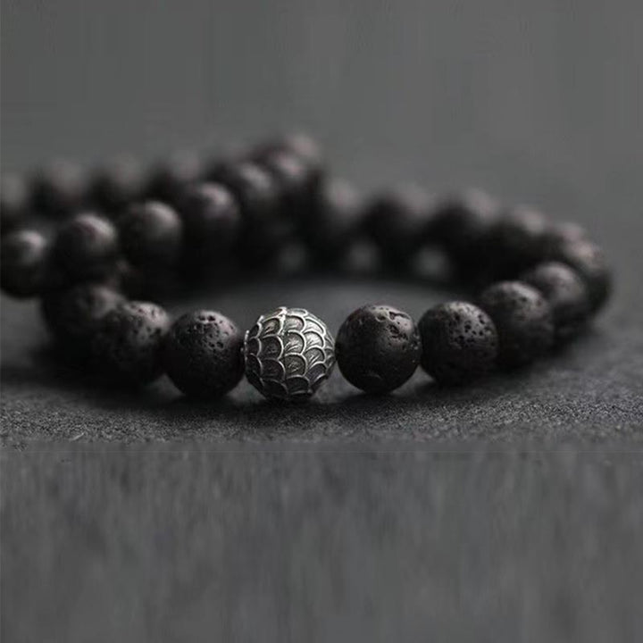 Braccialetto di guarigione con perline di squame di pesce , Buddha Stones e roccia lavica