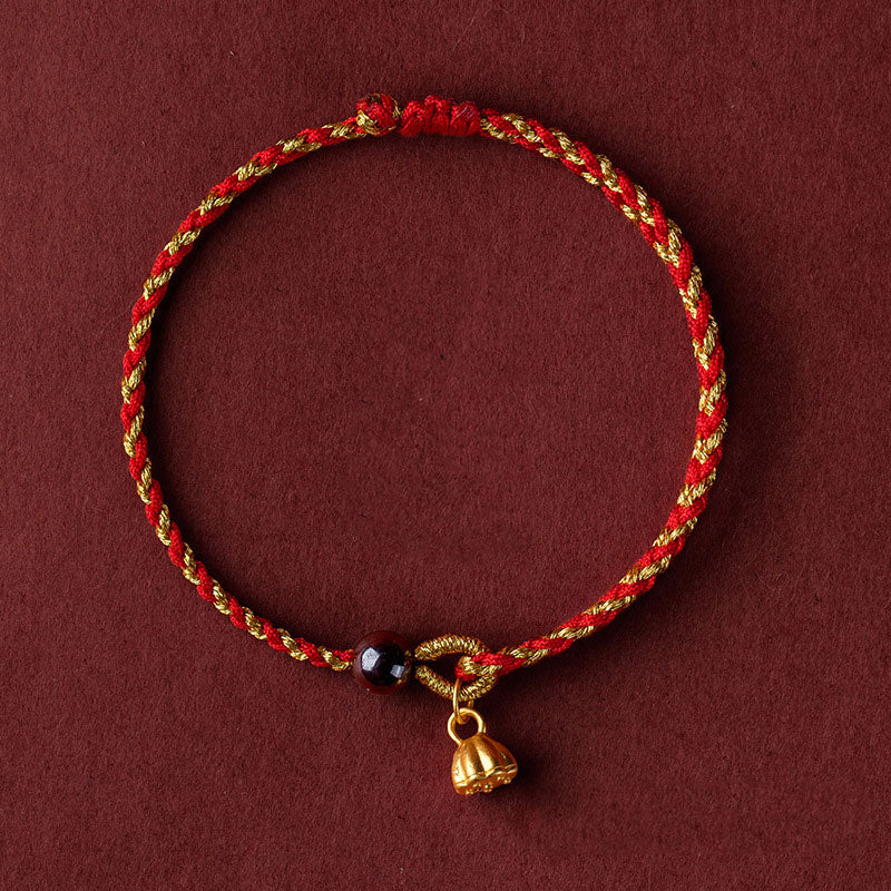 Braccialetto intrecciato con ciondolo di pace e gioia in corda di oro rosso fatto a mano con Buddha Stones
