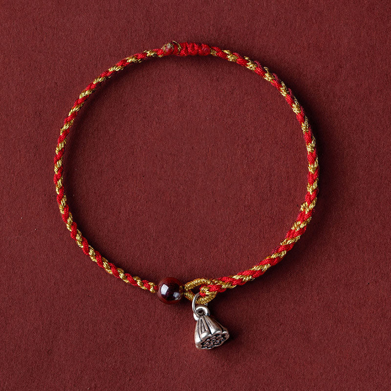 Braccialetto intrecciato con ciondolo di pace e gioia in corda di oro rosso fatto a mano con Buddha Stones