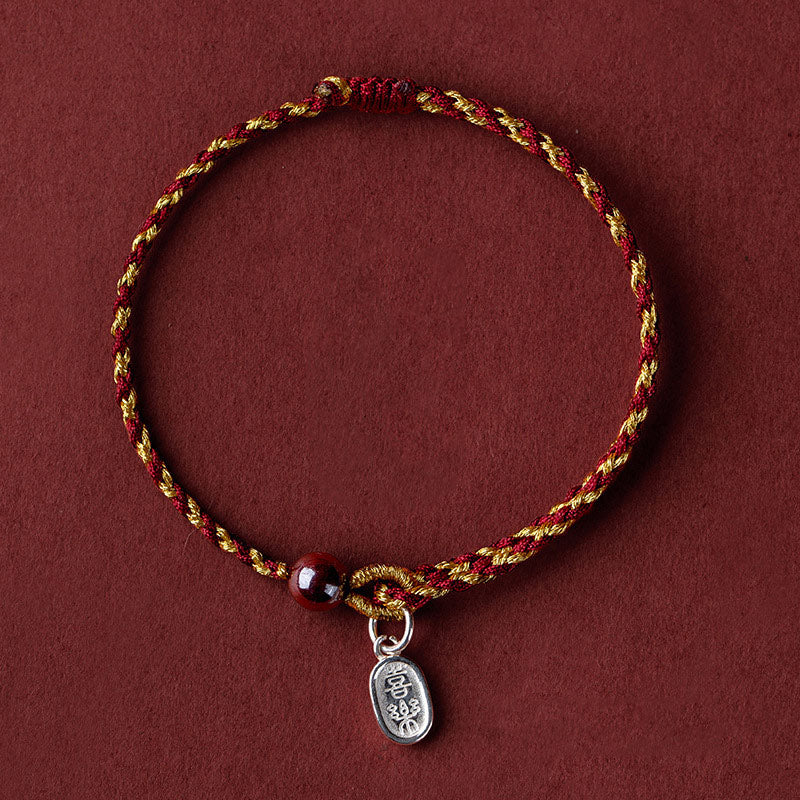 Braccialetto intrecciato con ciondolo di pace e gioia in corda di oro rosso fatto a mano con Buddha Stones