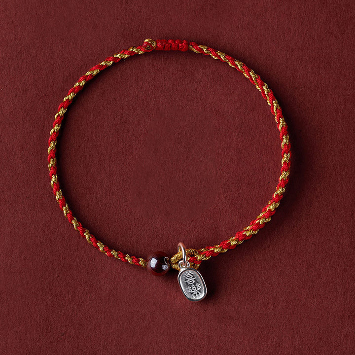 Braccialetto intrecciato con ciondolo di pace e gioia in corda di oro rosso fatto a mano con Buddha Stones