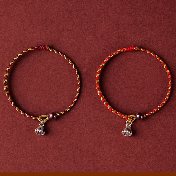 Braccialetto intrecciato con ciondolo di pace e gioia in corda di oro rosso fatto a mano con Buddha Stones
