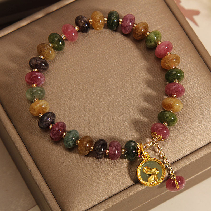 Braccialetto positivo con ciondolo coniglio carino e tormalina colorata naturale Buddha Stones