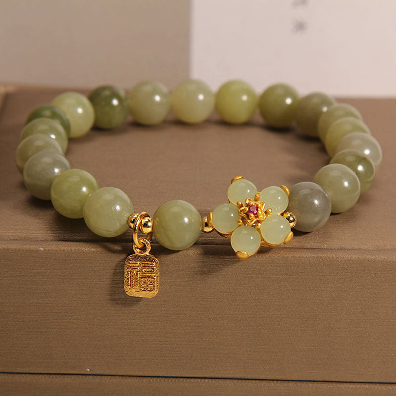 Braccialetto portafortuna con ciondolo a forma di carattere Fu con fiore di giada verde Buddha Stones - Giada (circonferenza del polso 14-16 cm) - image 0