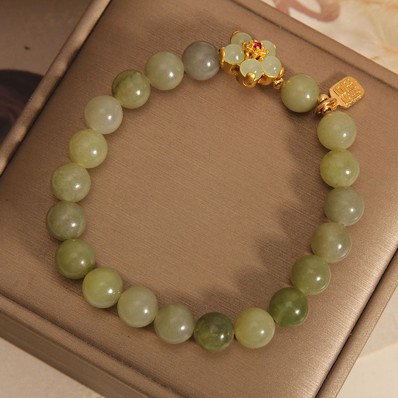 Braccialetto portafortuna con ciondolo a forma di carattere Fu con fiore di giada verde Buddha Stones