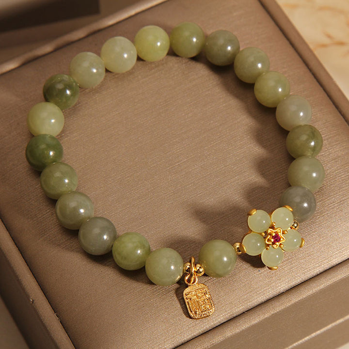 Braccialetto portafortuna con ciondolo a forma di carattere Fu con fiore di giada verde Buddha Stones