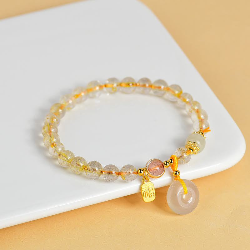 Braccialetto con ciondolo a fibbia per la pace, carattere Fu, in quarzo rutilato dorato naturale Buddha Stones