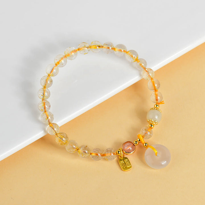 Braccialetto con ciondolo a fibbia per la pace, carattere Fu, in quarzo rutilato dorato naturale Buddha Stones