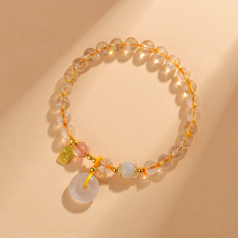 Braccialetto con ciondolo a fibbia per la pace, carattere Fu, in quarzo rutilato dorato naturale Buddha Stones