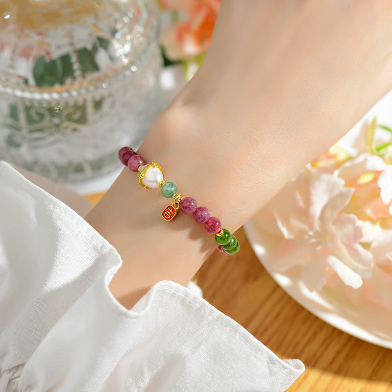 Braccialetto con ciondolo di carattere propizio e saggezza, in perle di tormalina multicolore naturale Buddha Stones