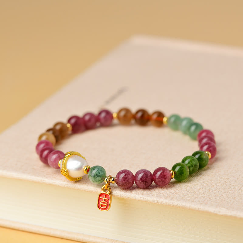Braccialetto con ciondolo di carattere propizio e saggezza, in perle di tormalina multicolore naturale Buddha Stones