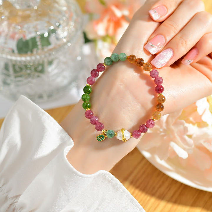 Braccialetto con ciondolo di carattere propizio e saggezza, in perle di tormalina multicolore naturale Buddha Stones