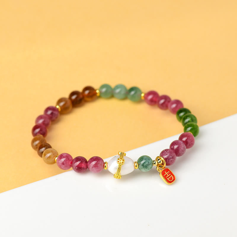 Braccialetto con ciondolo di carattere propizio e saggezza, in perle di tormalina multicolore naturale Buddha Stones