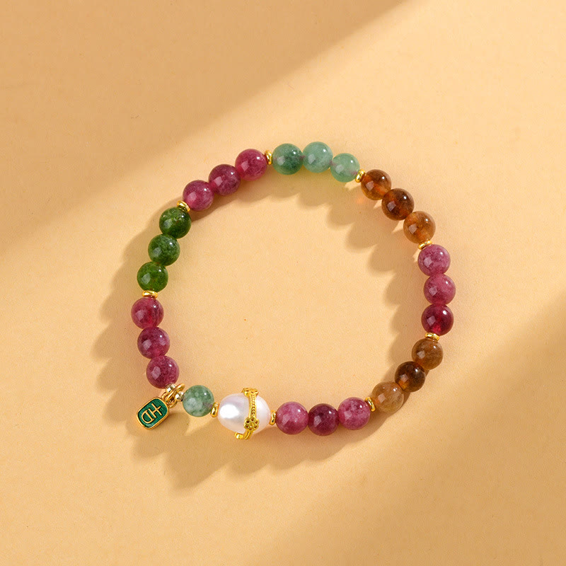 Braccialetto con ciondolo di carattere propizio e saggezza, in perle di tormalina multicolore naturale Buddha Stones
