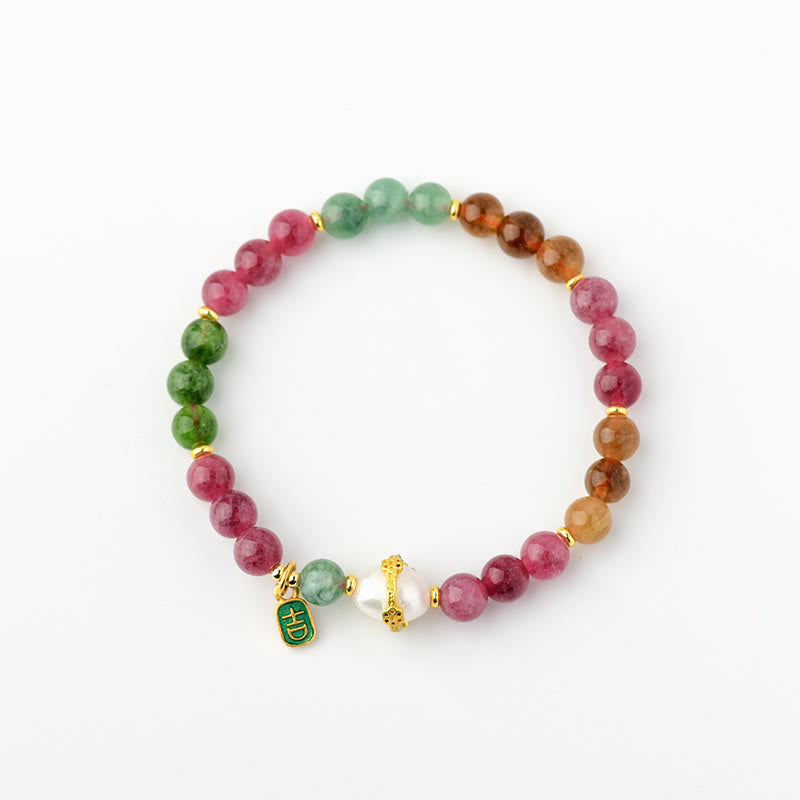 Braccialetto con ciondolo di carattere propizio e saggezza, in perle di tormalina multicolore naturale Buddha Stones