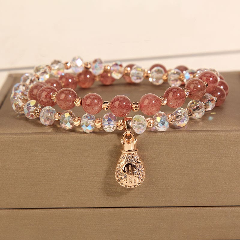 Braccialetto positivo con ciondolo a forma di borsa per soldi in cristallo bianco e quarzo fragola Buddha Stones