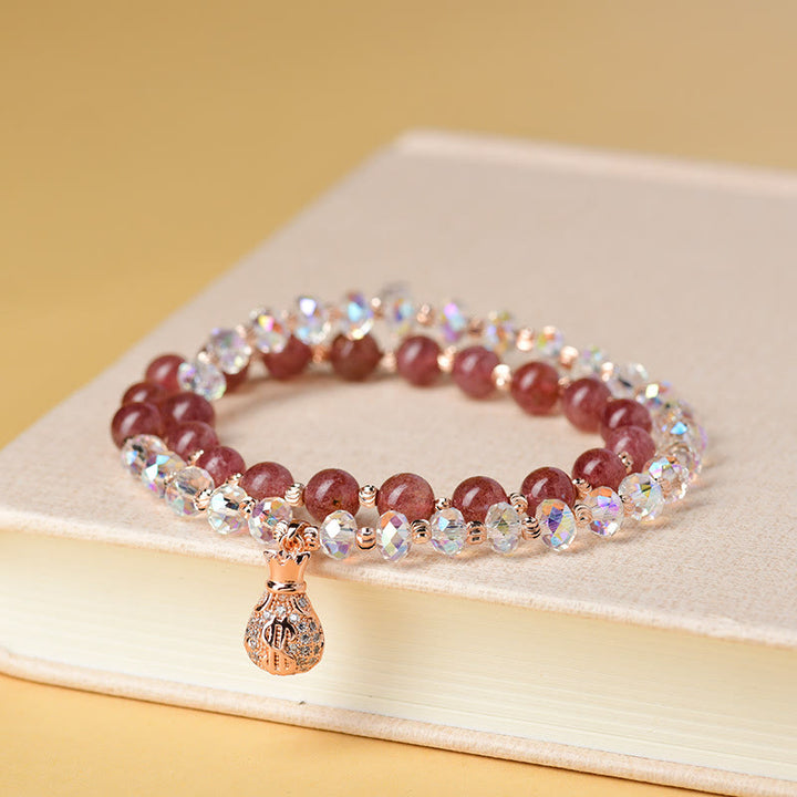 Braccialetto positivo con ciondolo a forma di borsa per soldi in cristallo bianco e quarzo fragola Buddha Stones