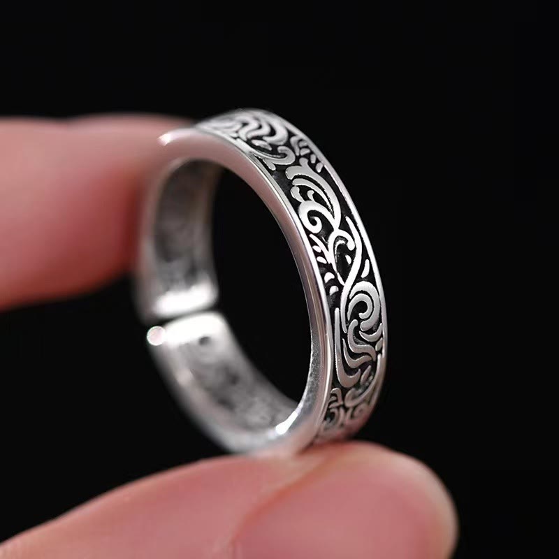 Anello regolabile in rame con motivo floreale della dinastia Tang, motivo Buddha Stones