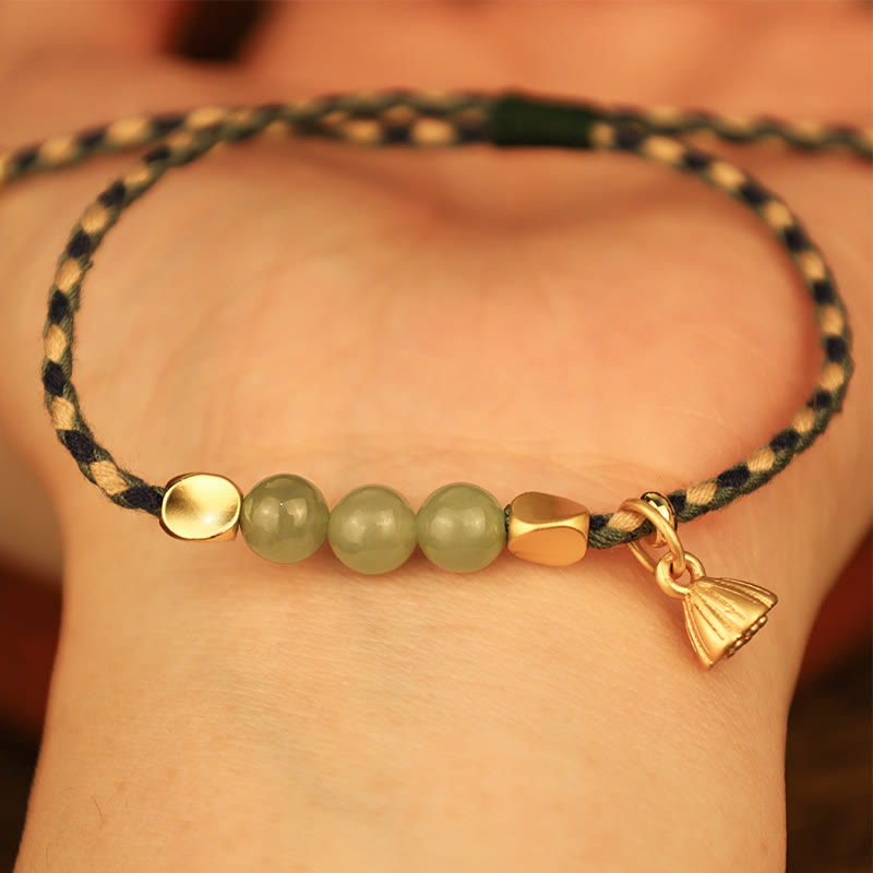 Bracciale intrecciato con ciondolo di loto in giada Hetian, fatto a mano , Buddha Stones