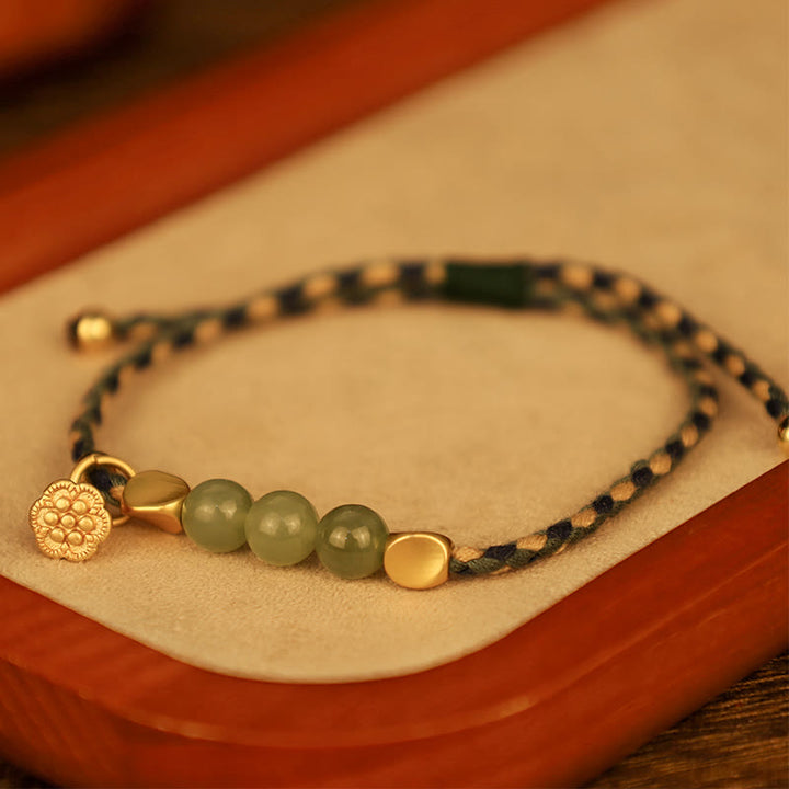 Bracciale intrecciato con ciondolo di loto in giada Hetian, fatto a mano , Buddha Stones
