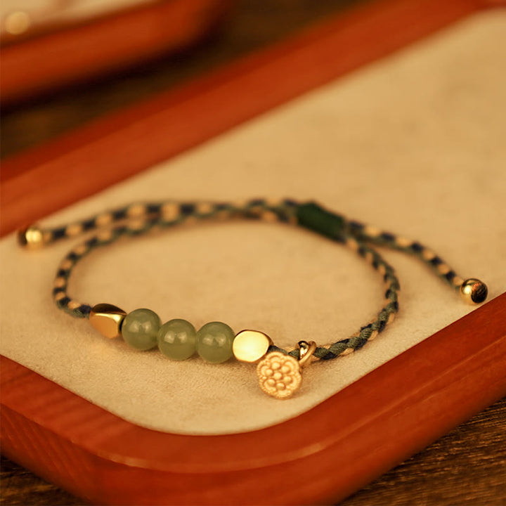 Bracciale intrecciato con ciondolo di loto in giada Hetian, fatto a mano , Buddha Stones