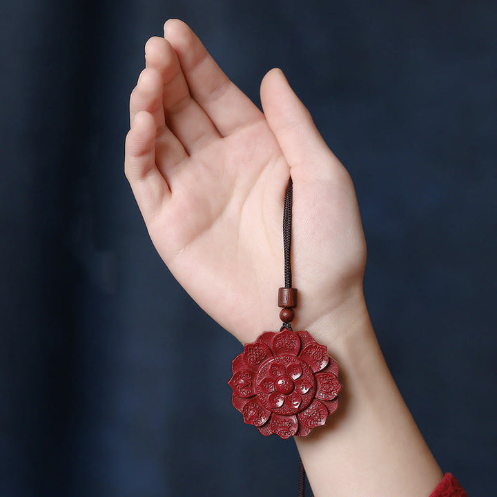 Buddha Stones Cinabro naturale Loto Om Mani Padme Hum Benedizione Collana Corda Pendente