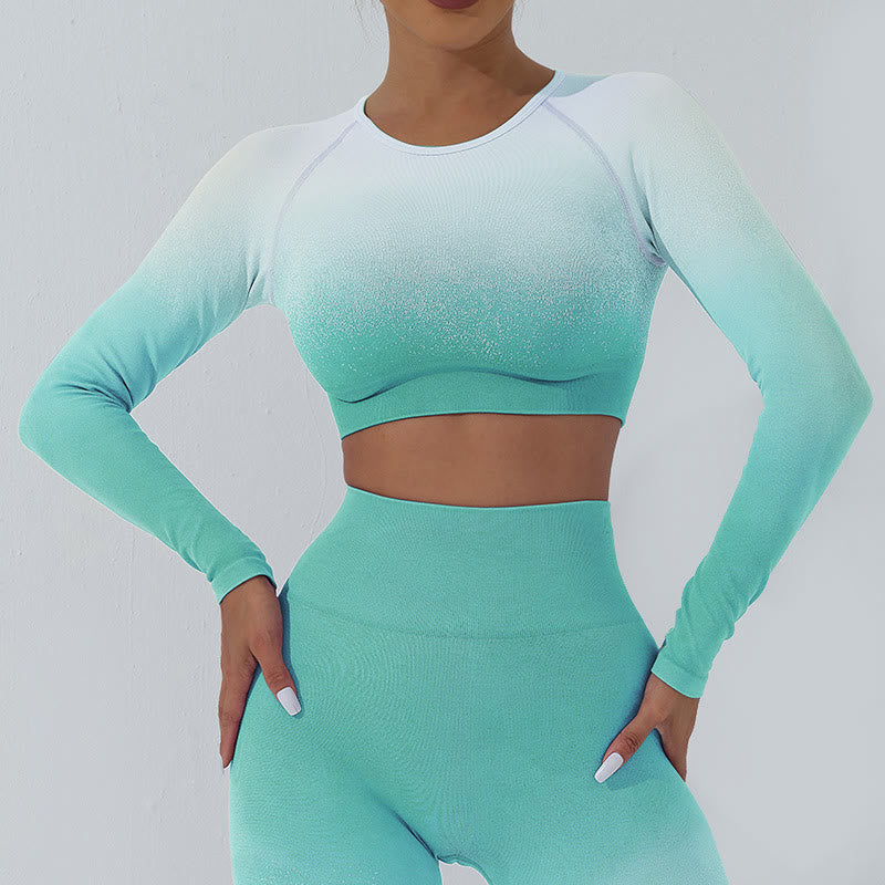 Maglietta corta a maniche lunghe con motivo a Buddha Stones, reggiseno, leggings, pantaloni, fitness e yoga. - Superiore - Ciano Bianco - US4, UK/AU8, EU36 (L) - image 1