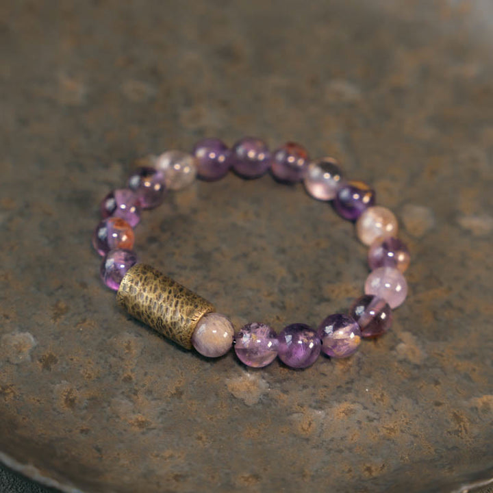 Buddha Stones Cristallo bianco Quarzo ematoide rosso Quarzo rutilato oro Braccialetto di protezione Phantom viola