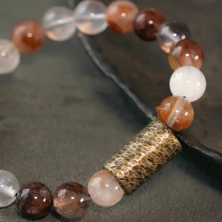 Buddha Stones Cristallo bianco Quarzo ematoide rosso Quarzo rutilato oro Braccialetto di protezione Phantom viola