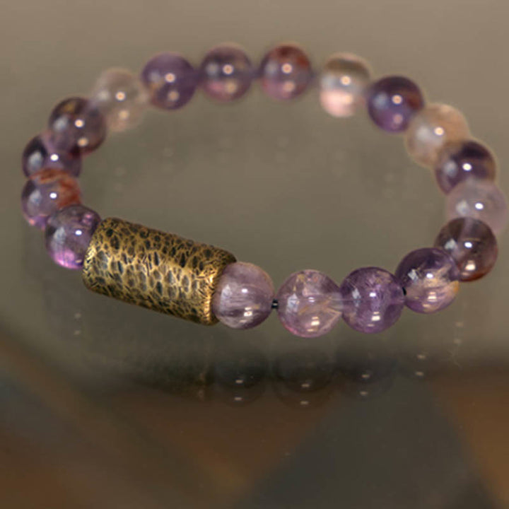 Buddha Stones Cristallo bianco Quarzo ematoide rosso Quarzo rutilato oro Braccialetto di protezione Phantom viola