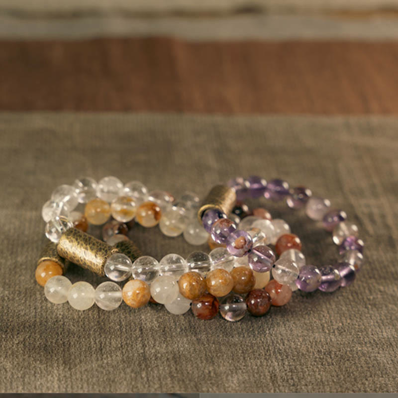 Buddha Stones Cristallo bianco Quarzo ematoide rosso Quarzo rutilato oro Braccialetto di protezione Phantom viola