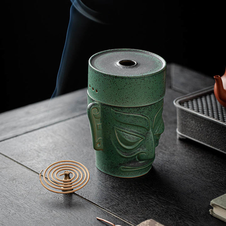 Buddha Stones Reliquie dell'età del bronzo Maschera Sanxingdui Tumulo a tre stelle Bruciatore di incenso curativo in ceramica