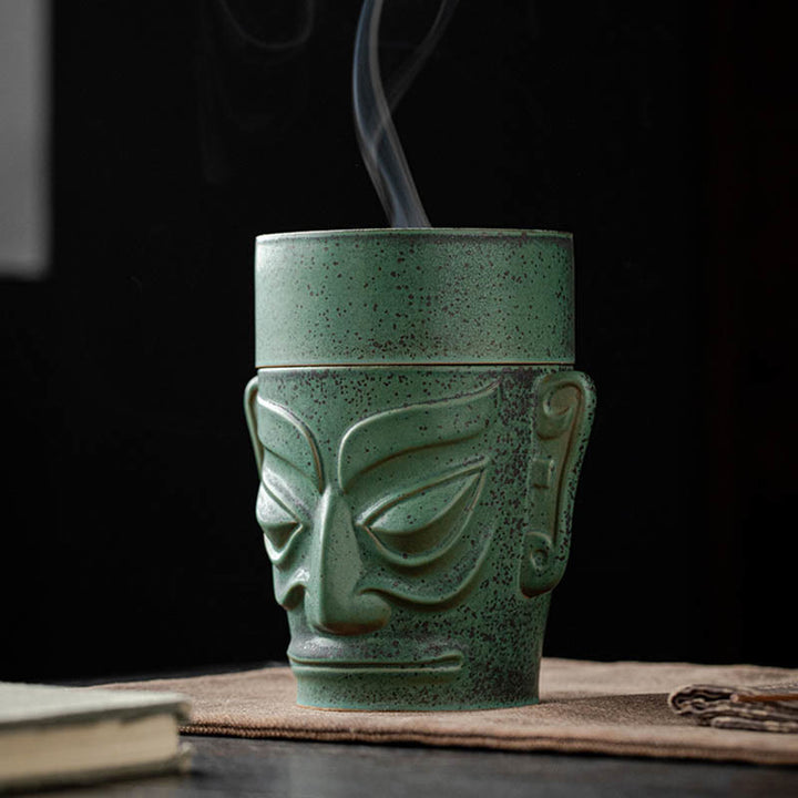 Buddha Stones Reliquie dell'età del bronzo Maschera Sanxingdui Tumulo a tre stelle Bruciatore di incenso curativo in ceramica