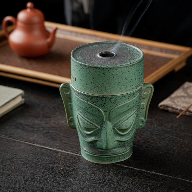 Buddha Stones Reliquie dell'età del bronzo Maschera Sanxingdui Tumulo a tre stelle Bruciatore di incenso curativo in ceramica