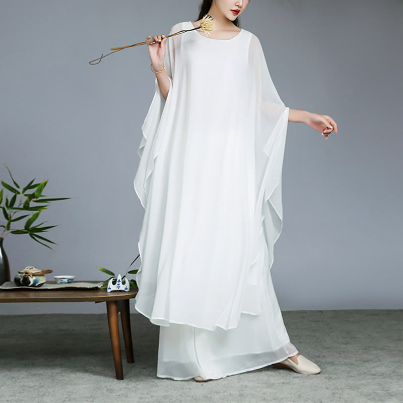 Buddha Stones Semplice Modello Midi Vestito Pantaloni Gamba Larga Meditazione Spirituale Zen Pratica Yoga Danza Abbigliamento - Bianco - 2 pezzi (abito e pantaloni) - US8-10, UK/AU12-14, EU40-42 (2XL) - image 0